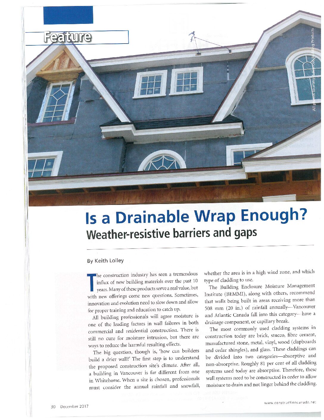 Construction Canada December 2017 – Is a Drainable Wrap Enough?